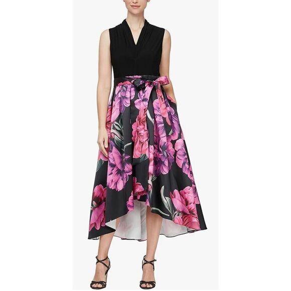 S.L. Fashions Women's Sleeveless Jersey V-Neck Hi-lo Floral Dress with Pockets - Picture 1 of 8